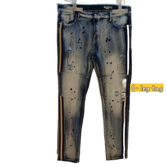 Y2K South Pole Biker Jeans Mid Rise Skinny Distressed Blue 40x34 Stripes & Paint - Picture 1 of 13